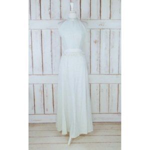 70s vintage metallic silver halter crop top maxi skirt two piece